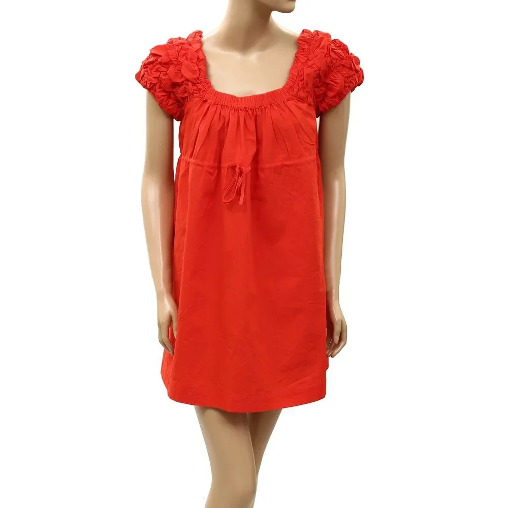 Free People Free Est Flaunt It Mini Dress Ruched Smocked Puff Sleeves L 288774
